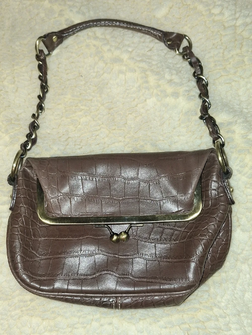 TOMMY HILLFIGER OLD Classic Croc-Embossed Brown Shoulder Bag